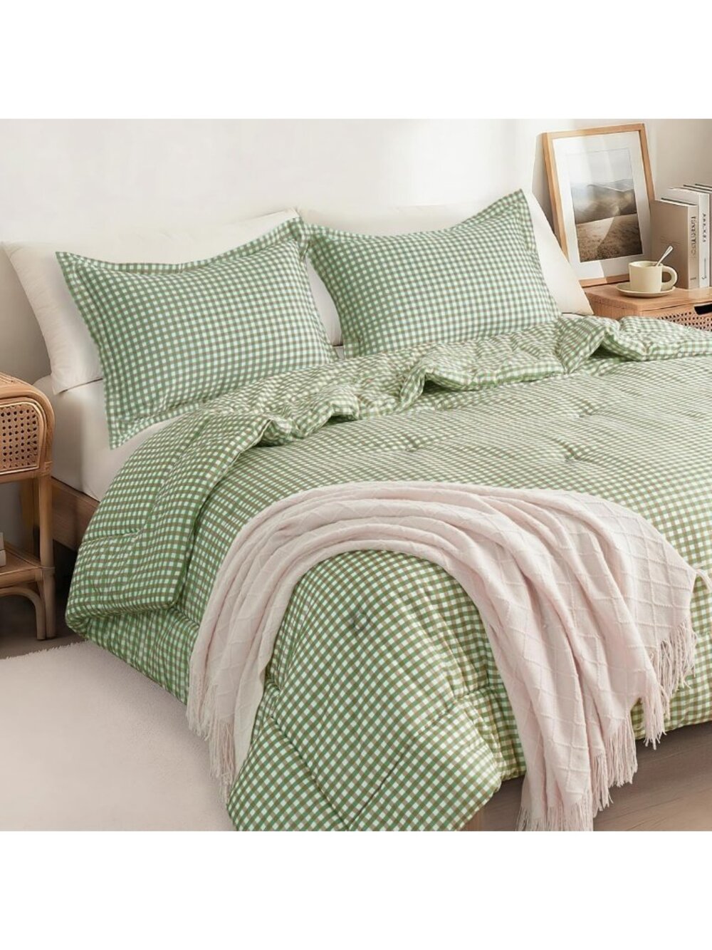 Cozy Fluffy Green Gingham Plaid Queen Comforter Set, 3-Piece Bedding Ensemble